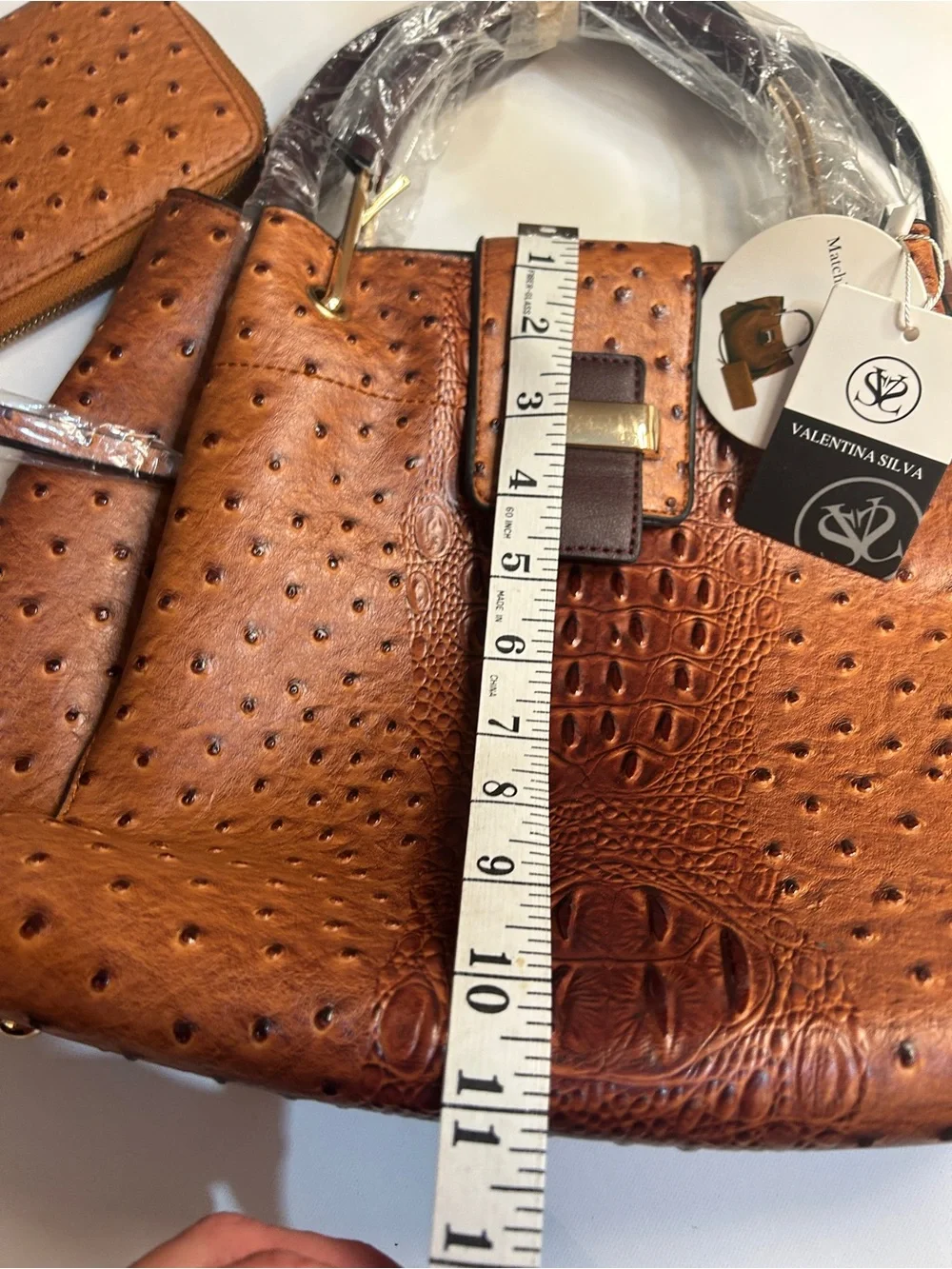 Valentina Silva Ostrich Embossed Satchel Handbag & Matching Wallet Set Brown NWT